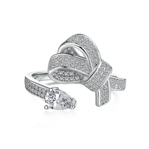 Dylam nuovo arrivo elegante S925 gioielli in argento placcato rodio ridimensionabile 5A Cubic Zirconia scintillanti anelli con papillon regolabili