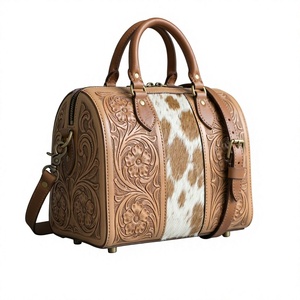 Sac fourre-tout en cuir véritable, gravé à la main, motif floral, avec fermeture éclair, sac à bandoulière, pompon en coton, mode, shopping, quotidien - Product Image 1
