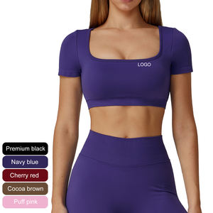 Sport Casual Square Neck Kurzarm Bluse Workout Nahtlose Ausgeh oberteile Open Back Slim Crop Top Athletic Overs ized T-Shirt - Product Image 1