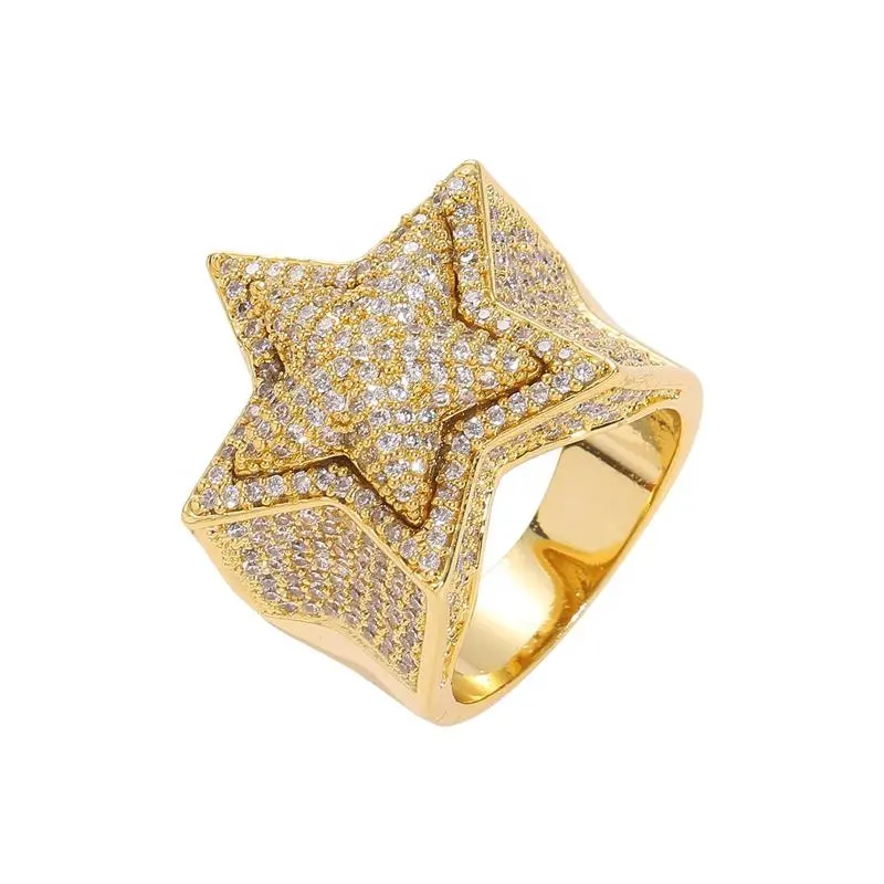 Produttori all'ingrosso hip hop placcatura in oro reale in ottone e anello in zircone 3D star 5A per uomo