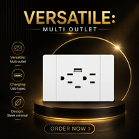 Enchufe de pared americano de plástico con 2 tomas de corriente, 6 orificios, doble interruptor canadiense y USB Tipo-C