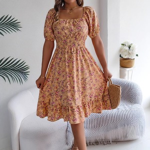 Dames Casual A-Line Print Jurk Met Korte Mouwen, Losse Taille Ontwerp Met Bloemenpatroon Vierkante Kraag Zomer Chiffon Effen Geverfd - Product Image 3