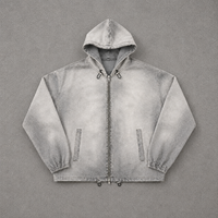 Veste à capuche en denim gris délavé 100% coton, coupe oversize pour l'hiver, avec fermeture éclair intégrale et ourlet à cordon pour le streetwear