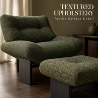 Fauteuil lounge moderne en tissu rembourré avec ottoman, ensemble fauteuil d'appoint vert foncé avec pieds en bois de frêne, mobilier pour maison et appartement