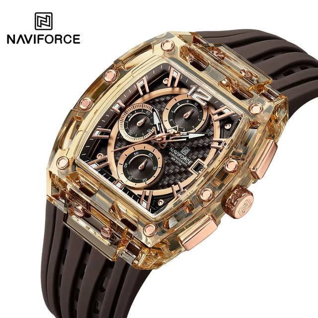 NAVIFORCE 7105 NF7105 Quartz Clock Waterproof Wristwatch New Design Transparent Tonneau Watch Top Brand Male Reloj Watch for Men