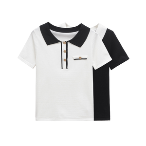 เสื้อยืดแฟชั่นลำลองสำหรับผู้หญิงสีดำคอปกแบบพับลงและแขนสั้นผ้าสแปนเด็กซ์สีทึบระบายอากาศได้ - Product Image 4