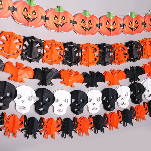 Halloween Supply 3m/2m Paper Ghost Heads Spiders Pumpkins Garland for Party Home Wall Decorations