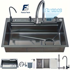 Wholesale Food Grade SUS304 Stainless Steel PVD Anti-Scratch Embossed Digital Waterfall Workstation Sink Integrated Knife Rack - Product Image 3