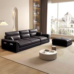 Chaise Lounge Genuine Leather <b>Sofa</b> Modern Minimalist Straight Line <b>Cream</b> Style For Living Room Small Apartment Home Rental - Product Image 1