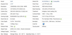 Módulo LCD M170ETN01.0 de 17 Pulgadas, 1280×1024, 250cd/m², Estándar de Componentes LVDS para Fácil Mantenimiento en Terminales Industriales - Product Image 5