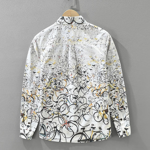 Chemises décontractées pour hommes en coton 100% à manches longues, imprimées à la main avec un motif de vélo, style hip-<span class=keywords><strong>hop</strong></span>, respirantes, à boutons sur le devant, vente en gros - Product Image 2