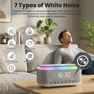 Réveil numérique BT avec haut-parleur, veilleuse à intensité variable 13 couleurs, charge sans fil 15W, bruit blanc, radio FM, USB/AUX - Product Image 3
