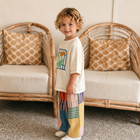 Ventes en gros de pantalons à jambes larges en coton biologique personnalisés, ensemble de t-shirts à imprimé patchwork rayé, ensemble de vêtements pour enfants