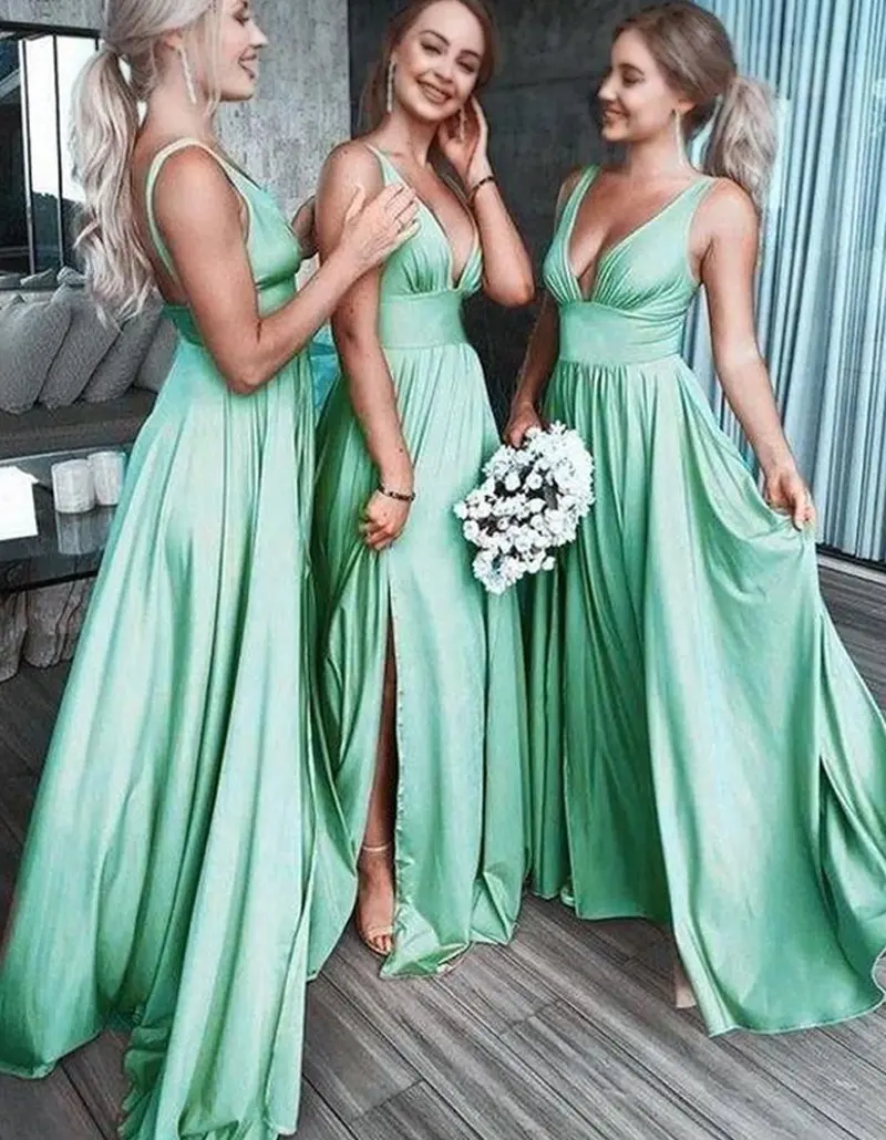 Sexy Slit Deep V-neck Bridesmaid Dresses Custom Made Ladies Long Satin Prom Party Gowns