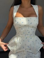 Robes de soirée d'été 2026 pour femme, col carré, sans manches, fermeture éclair, taille cintrée, imprimé élégant, robe courte avec ceinture