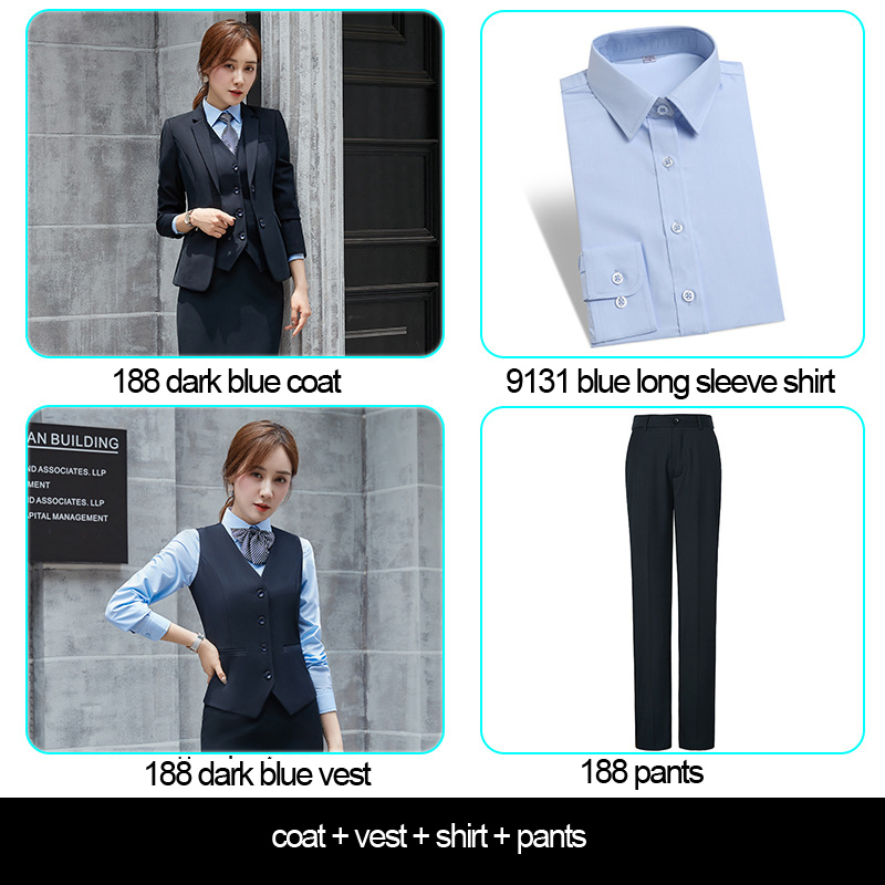 women's dark blue coat+pants+vest+blue shirt