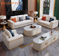 Ensemble de meubles de salon en cuir avec canapé en métal doré, canapé moderne modulaire avec structure en bois et métal doré pour salon de villa