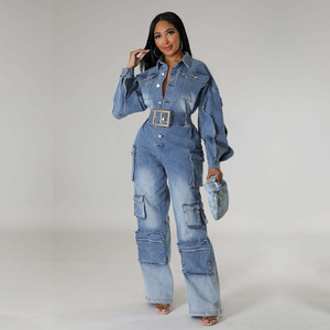 <span class=keywords><strong>Tuta</strong></span> da donna Vintage Cargo <span class=keywords><strong>in</strong></span> Denim elasticizzata a vita alta lavata a maniche lunghe con gamba larga fino a tute CARGO - Product Image 1