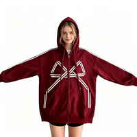 Hoodie Retro Burgundy dengan Ritsleting, Garis Samping, Motif Pita, Model Longgar Oversize, Jaket Berkerudung, Dapat Disesuaikan, Mantel Kasual Streetwear