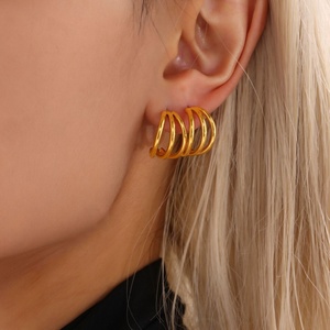 Pendientes de Alambre de Tres Capas Lisos de Acero Inoxidable Chapados en Oro de 18K y Plata, Joyería de Regalo para Fiestas - Product Image 3