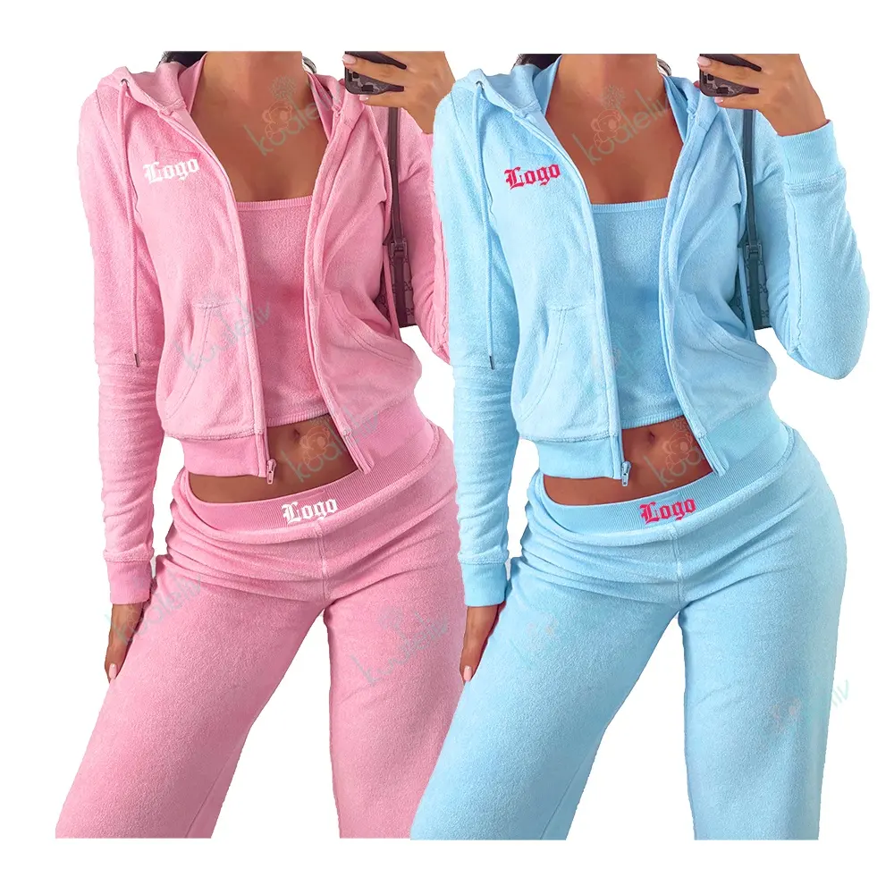 कस्टम ज़िप फसल जैकेट Sweatpants स्फटिक/कढ़ाई लोगो महिलाओं मखमल Sweatsuit दो टुकड़े सेट Velour टेरी Tracksuit