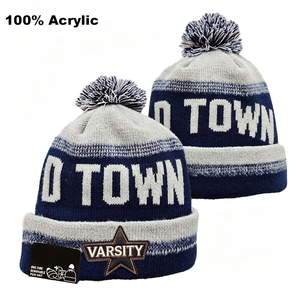 Gorro de Punto Retro Serie Big D City, Edición con Forro Polar Grueso, Gorro de Invierno con Pompón, Azul Marino/Plateado, Gorra Deportiva para Días de Partido - Product Image 1