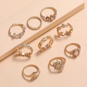 Conjuntos de Joyería de Moda, 9 Piezas, Anillos de Ópalo en Tono Dorado con Piedras de Corte Marquesa, Diseño de Estrella, Serpiente y Hoja, para Mujer, para Fiestas - Product Image 2