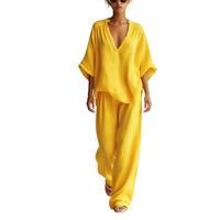 Ensemble 2 pièces décontracté pour femme en tissu personnalisé, col en V, manches mi-longues, pantalon large texturé froissé, Sehe Fashion