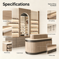 Meuble de présentation de lunettes de vue pour la vente au détail, étagère murale en bois avec LED à intensité variable, comptoir de réception incurvé, armoire de rangement autoportante