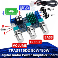 Module amplificateur audio numérique double canal M567 TPA3116D2 DC 12V/24V 80W*2 avec préamplificateur de régulation des aigus et des basses préréglés