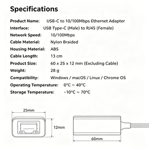 Adaptateur <span class=keywords><strong>Ethernet</strong></span> rapide 10/100 Mbps USB-C vers RJ45, Dongle LAN compact et portable en nylon tressé pour ordinateur portable, MacBook, iPad - Product Image 5