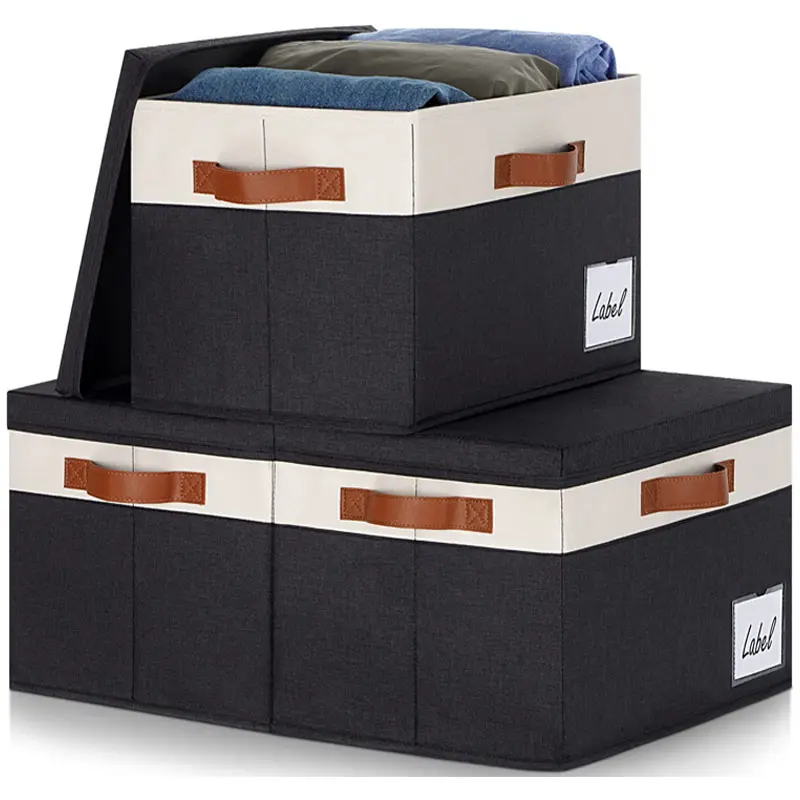 Large foldable fabric storage box with cover and 3 Pu handles for home bedroom and office, black