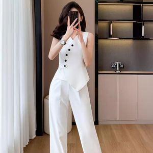 Women's Vest And Wide Leg Pants Suit Solid Color Polyester Satin Breathable Summer Fashion Set - Product Image 1