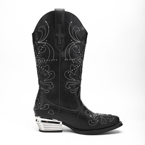 <span class=keywords><strong>Botas</strong></span> Vaqueras Vintage para <span class=keywords><strong>Mujer</strong></span>, Estilo Country Western, <span class=keywords><strong>Negras</strong></span> con Pedrería Bordada, Tacón Metálico, <span class=keywords><strong>Botas</strong></span> Altas para Montar a Caballo, Ideales para Festivales - Product Image 1