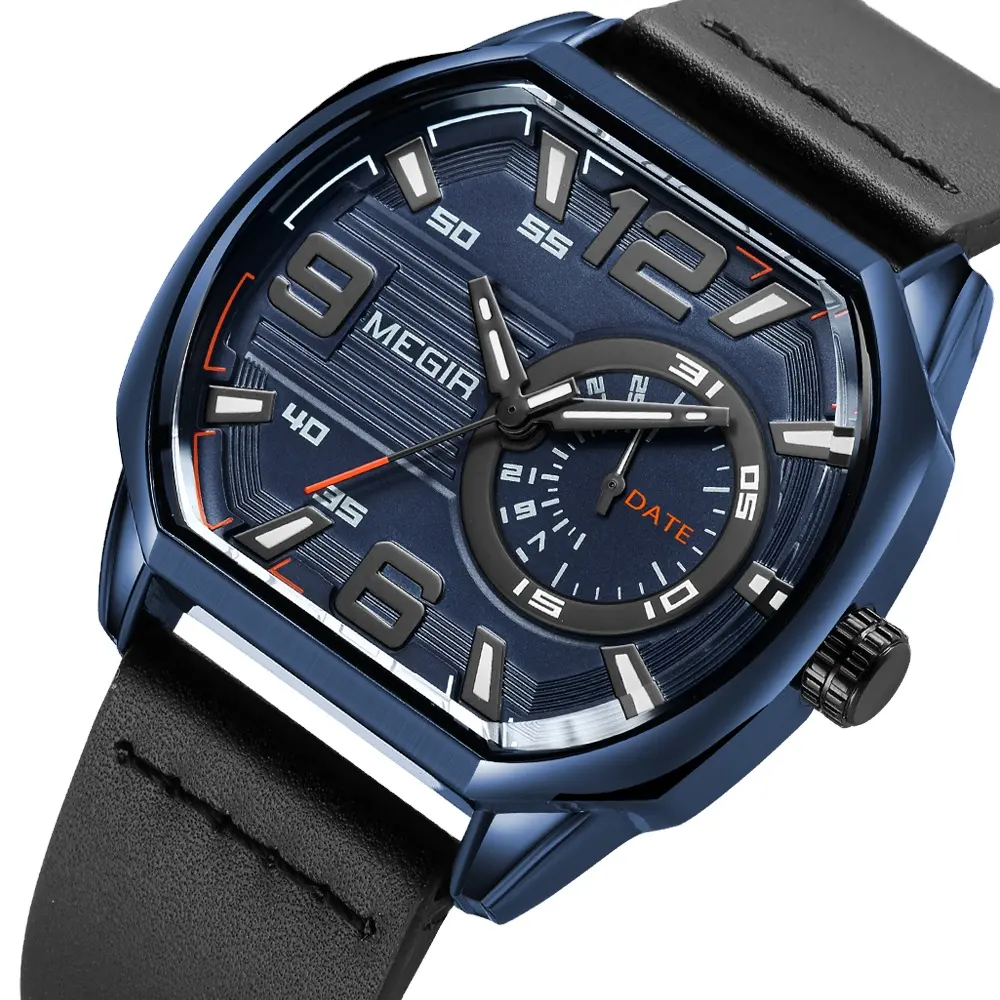 Megir Fashion Sports Quartz Watch Men's Leather Waterproof Luminous Calendar Square Watch relogio masculino
