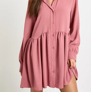 Women's Shirt <strong>Dress</strong>, Long Sleeve Lapel Mini Skirt, Casual Loose Fit with Pleats, Soft and Flowy Fabric - Product Image 3