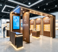 Stand d'exposition professionnel moderne et personnalisé de luxe avec éclairage LED, stand modulaire en bois, étagères de présentation réutilisables, stand d'exposition
