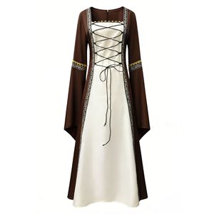 Vestido Medieval para Juego de Rol, Manga Larga, Línea A, Satén, Color en Contraste, Cuello Cuadrado, Cintura Ajustada, Disfraz para Fiesta - Product Image 4