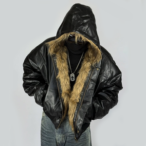 Giacca con cappuccio con Logo frontale in <span class=keywords><strong>pelle</strong></span> e pelliccia reversibile invernale da <span class=keywords><strong>uomo</strong></span> a prova <span class=keywords><strong>di</strong></span> vento impermeabile Patchwork <span class=keywords><strong>Bomber</strong></span> - Product Image 2