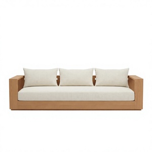 Sofá de exterior de madera maciza Coastal con respaldo de listones, cojín impermeable color crema, sofá de descanso para terraza, piscina o resort. - Product Image 1