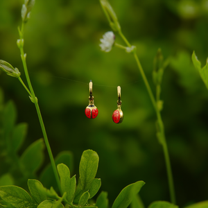 Fashion <b>Drop</b> <b>Earrings</b> 316L Stainless Steel PVD Gold Plating <b>Red</b> Enamel Ladybug Design - Product Image 3