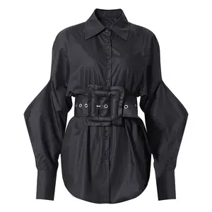 A4595 Hot Selling Black White Long Sleeve Belted Fashion Women Blouses Shirts Clothing Dress