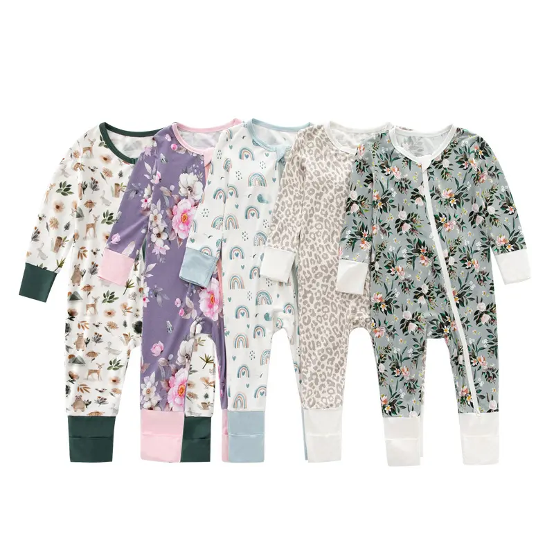 Custom Print Footless Pyjama Jumpsuit Met Lange Mouwen Onesie Kids Bodysuits Bamboe Vezel Pasgeboren Baby Kleding Met Ritssluiting Rompertjes