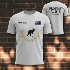 T-shirt personalizzata per il Giorno dell'Australia con nome, bandiera australiana, canguro, barbecue, regalo per il 26 gennaio - Product Image 1