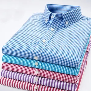 Novedad de verano, Camisa ajustada de algodón para hombre, camisa informal de manga larga transpirable a cuadros pequeños