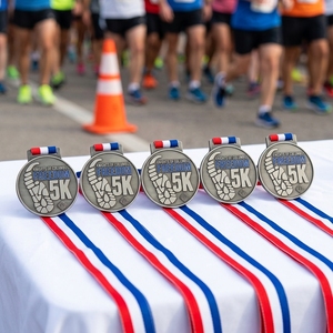 Médailles de course à pied personnalisées 5K, récompense sportive en métal moulé sous pression plaqué argent avec ruban tissé et médaille à motif de chaussure de course personnalisée - Product Image 2