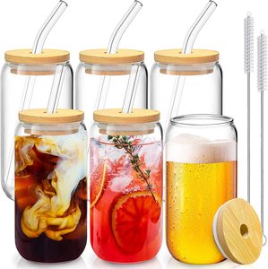 Nuevos vasos de vidrio transparentes de 16 oz con forma de lata para bebidas, tipo Mason Jar, sin BPA, con tapas de bambú y pajitas - Product Image 1