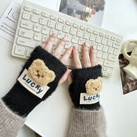 Gants mi-doigts en peluche tricotée avec motif ours mignon, manchette en peluche, chauds pour l'hiver, parfaits pour l'écriture, le bureau et les études