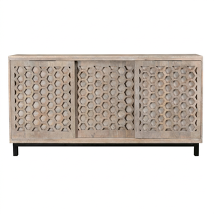 Vintage Reclaimed Indian Wooden Sideboard Buffet <b>Cabinet</b> with Three Honeycomb Geometric Cutwork Doors <b>Black</b> Metal Legs - Product Image 1