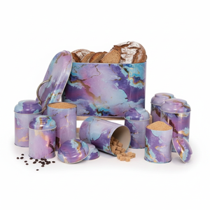 Ensemble de boîtes rondes en métal Kontensan de 7 pièces avec couvercle en dôme, texture marbrée rose et or et design violet liquide - Product Image 2